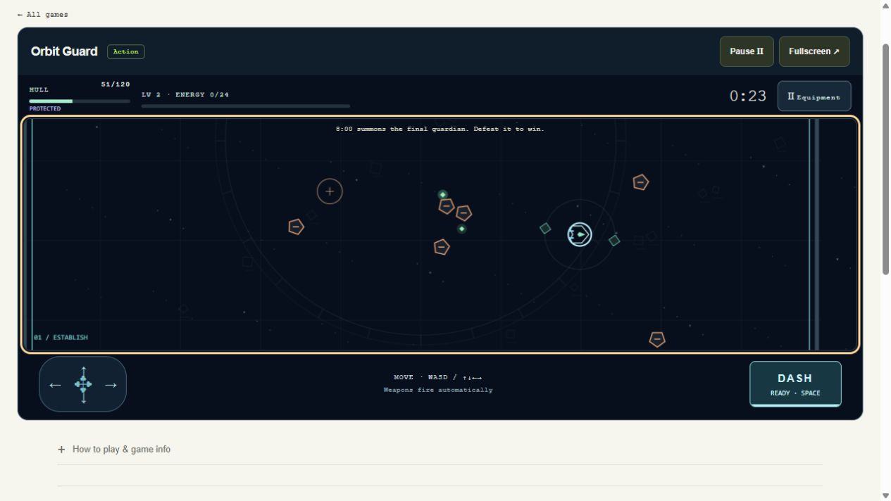 Actual Orbit Guard gameplay with a Bulwark ship, orbiting drones, Seeker Missiles, incoming scavengers, hull and energy HUD, and separate movement and dash controls.