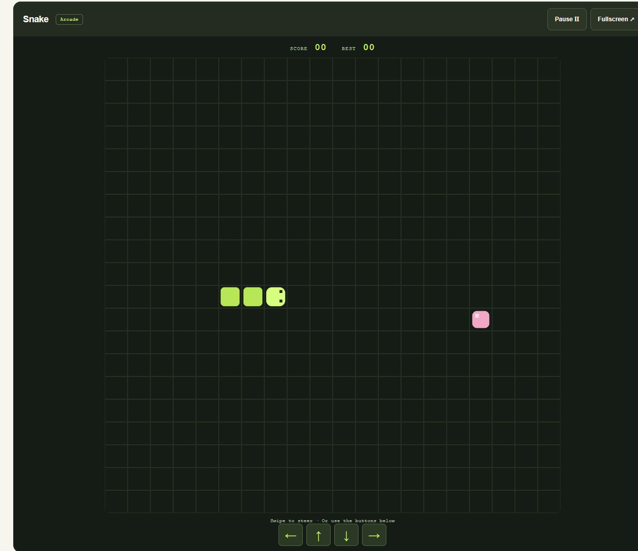 Webcade Snake during a round, with a green snake, pink food, score display, and touch direction buttons.