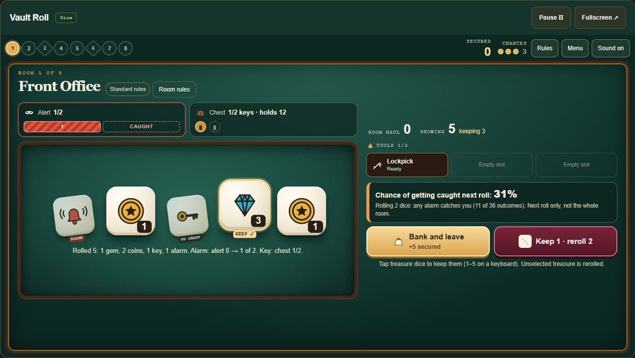 Partida real de Vault Roll en la primera sala: alerta 1 de 2, una gema seleccionada para guardar, un 31 % de probabilidad de ser atrapado en la siguiente tirada y los botones para asegurar el botín o volver a tirar.